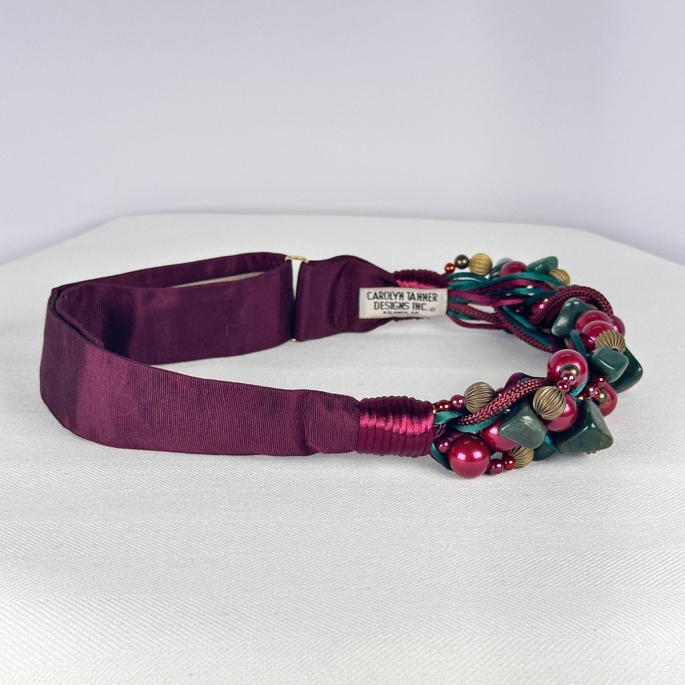 Vintage Carolyn Tanner Burgundy Green Beaded Belt Sculptural 80s Silk Grosgrain